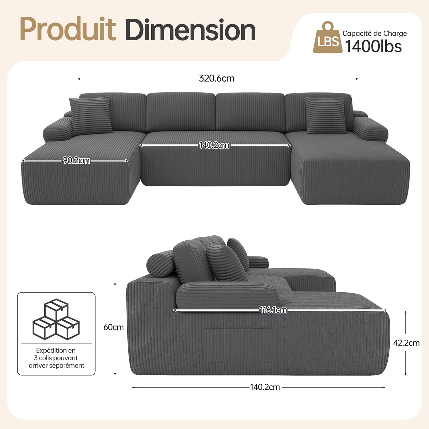 DURASPACE Canapé Modulable en U Compressé pour Salon, Canapés Modulaires en Velours Côtelé avec Assise Profonde, Canape Surdimensionné en Mousse à Mémoire de Forme, Aucun Assemblage Requis (Gris)
