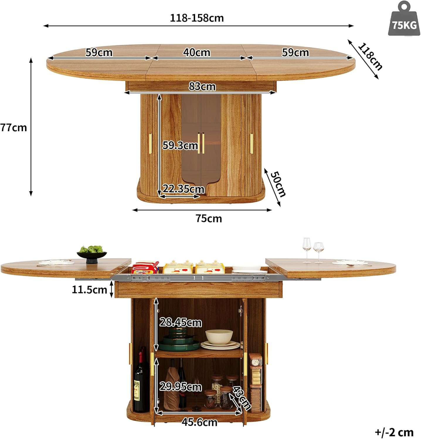 Table a Manger Extensible, Table Ronde 118-158×118x77cm Extensible en Ovale avec Espace de Rangement, Table de Cuisine pour 6 Personnes, pour Cuisine Salon et Bureau Noyer avec LED