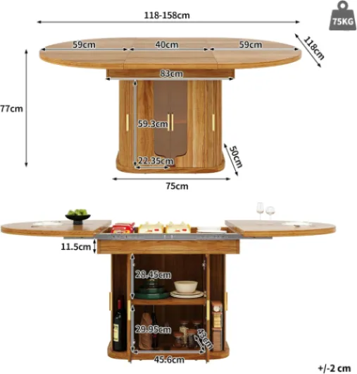 Table a Manger Extensible, Table Ronde 118-158×118x77cm Extensible en Ovale avec Espace de Rangement, Table de Cuisine pour 6 Personnes, pour Cuisine Salon et Bureau Noyer avec LED