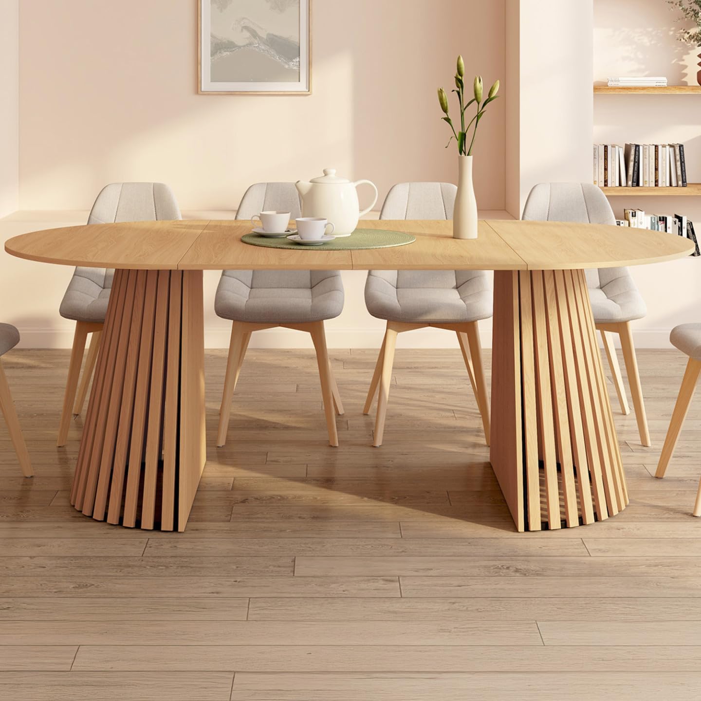 Table à Manger Extensible Ronde Carmen 4-10 Personnes Pied Bois en Lattes et Plateau Bois 110-200 cm