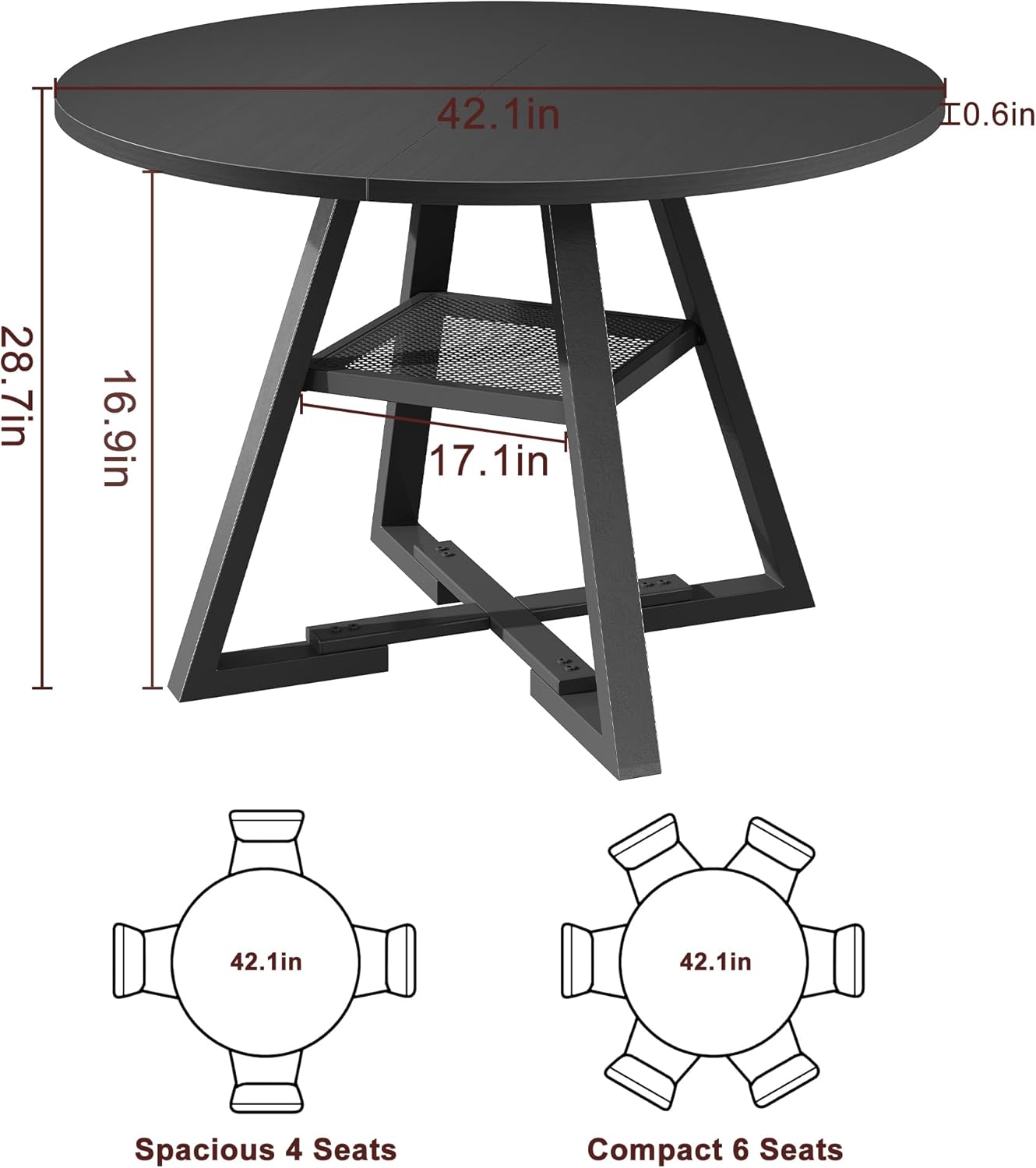 Jocoevol Table à Manger Ronde pour 2 à 4 Personnes, Table de Repas avec étagères de Rangement, Table de Cuisine et Salle à Manger en Bois, Gain de Place (Noir, 107x107x76cm) Noir 107 cm