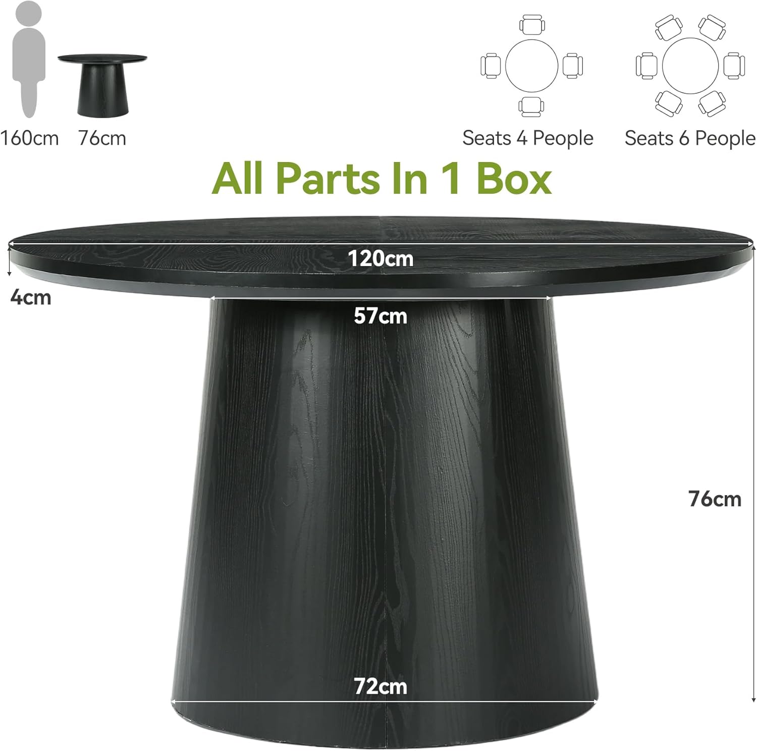 Table à Manger Ronde pour 4 à 6 Personnes, Table de Cuisine 120 cm avec des Pieds de Table Robustes, Moderne Table de Salle à Manger pour Cuisine, Salon, Noir