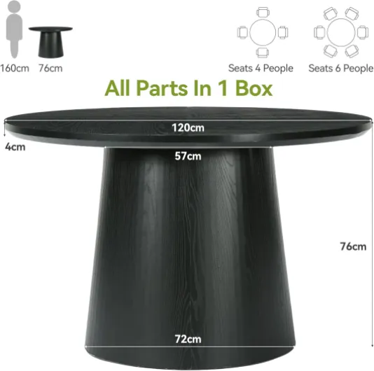 Table à Manger Ronde pour 4 à 6 Personnes, Table de Cuisine 120 cm avec des Pieds de Table Robustes, Moderne Table de Salle à Manger pour Cuisine, Salon, Noir