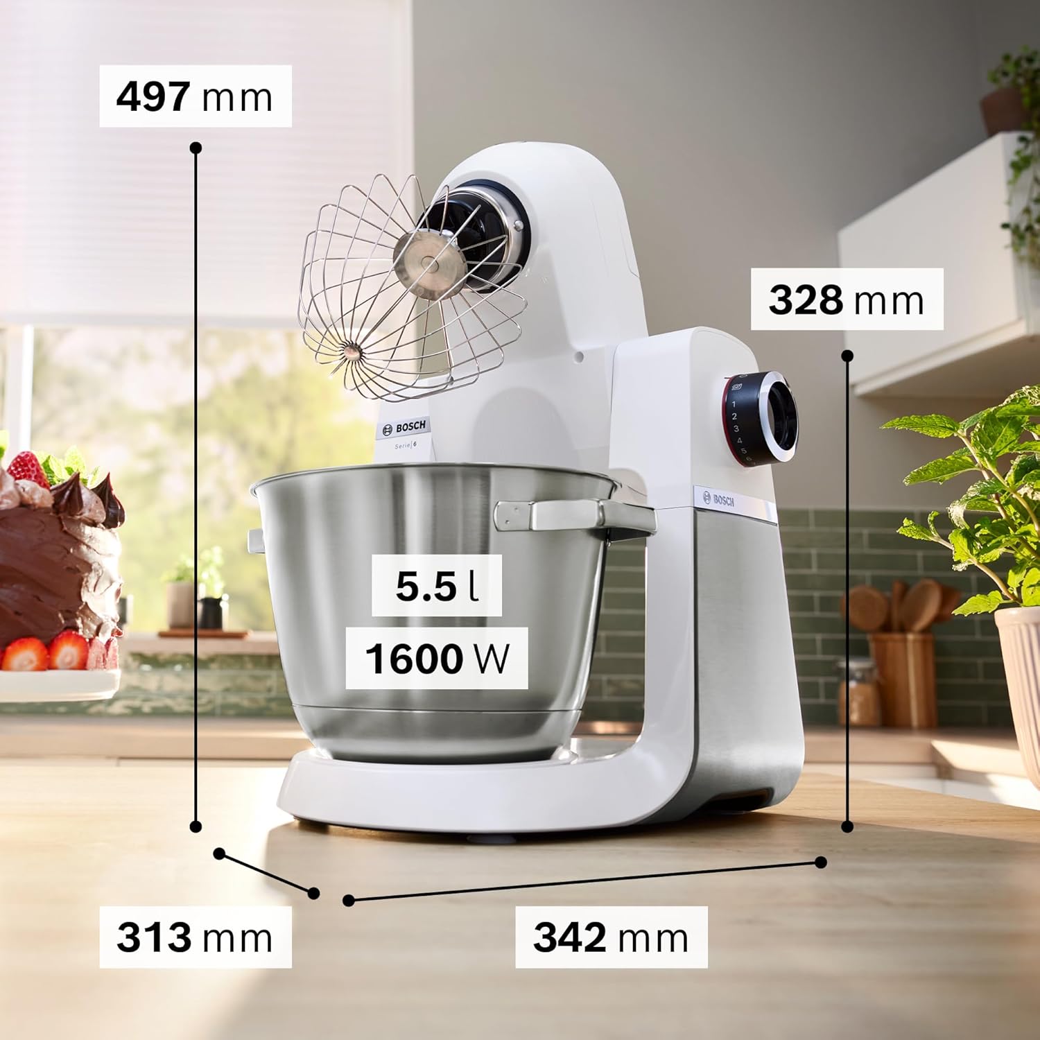 Bosch, Robot pâtissier, Série 6, moteur 1600 watts, mouvement planétaire 3D, kit pâtisserie, râpeur, blender ThermoSafe en verre, en acier inoxydable/blanc, MUMS6EW22 White/Grey