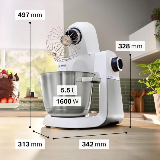Bosch, Robot pâtissier, Série 6, moteur 1600 watts, mouvement planétaire 3D, kit pâtisserie, râpeur, blender ThermoSafe en verre, en acier inoxydable/blanc, MUMS6EW22 White/Grey