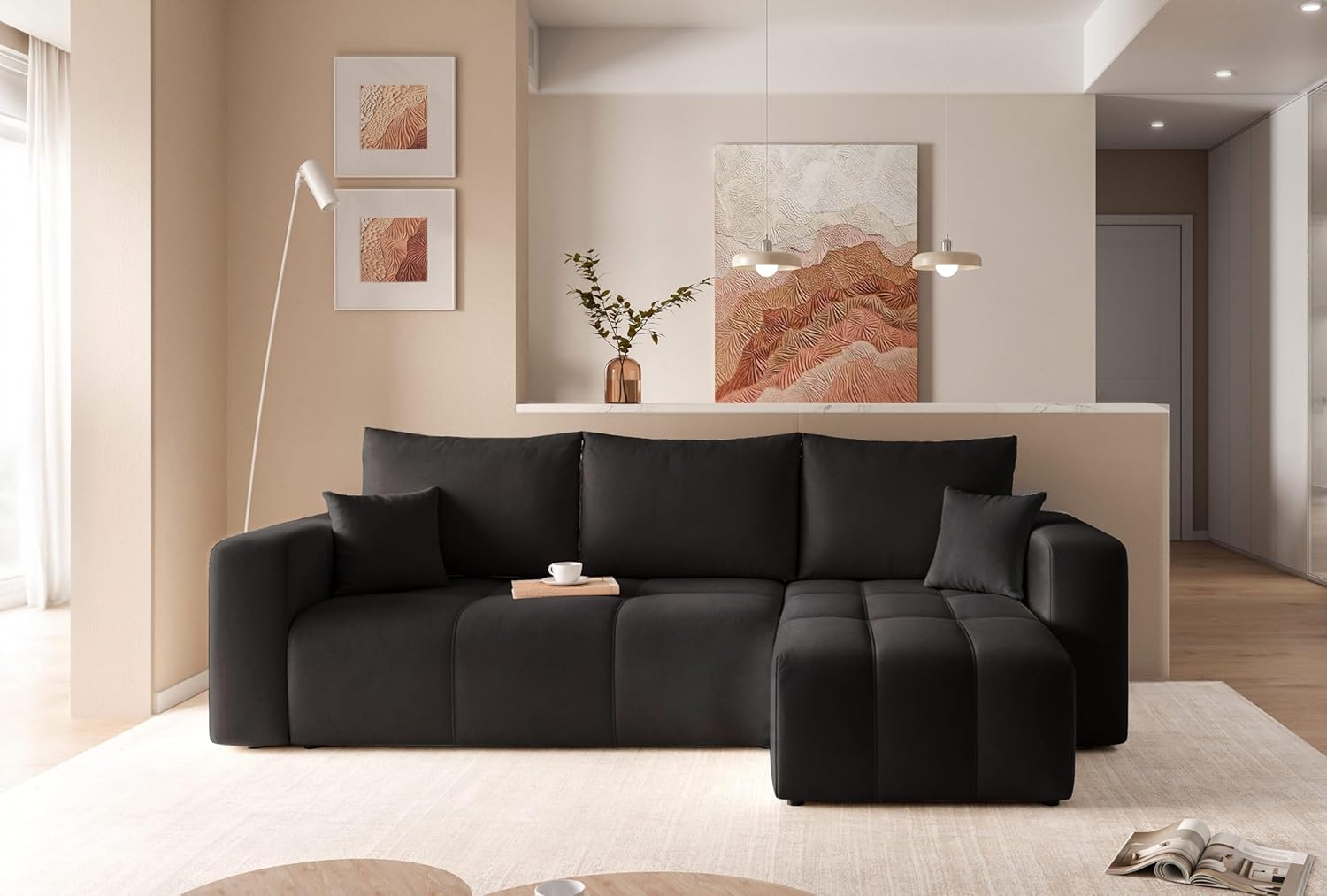 Canapé d'angle Convertible 145x248 à Gauche ou à Droite - Canapé 3 Places Convertible Noir avec Espace de Rangement Manila 18 Noir