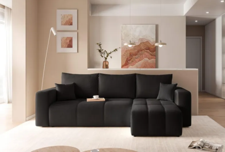 Canapé d'angle Convertible 145x248 à Gauche ou à Droite - Canapé 3 Places Convertible Noir avec Espace de Rangement Manila 18 Noir
