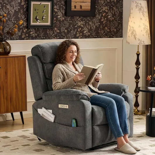 Fauteuil Électrique Relax avec Fonction Massage, avec Chargeur sans Fil, équipé d'1 Port USB, d'1 Port de Charge Type-C et d'1 Porte-gobelet, Télécommande Incluse (Gris foncé)