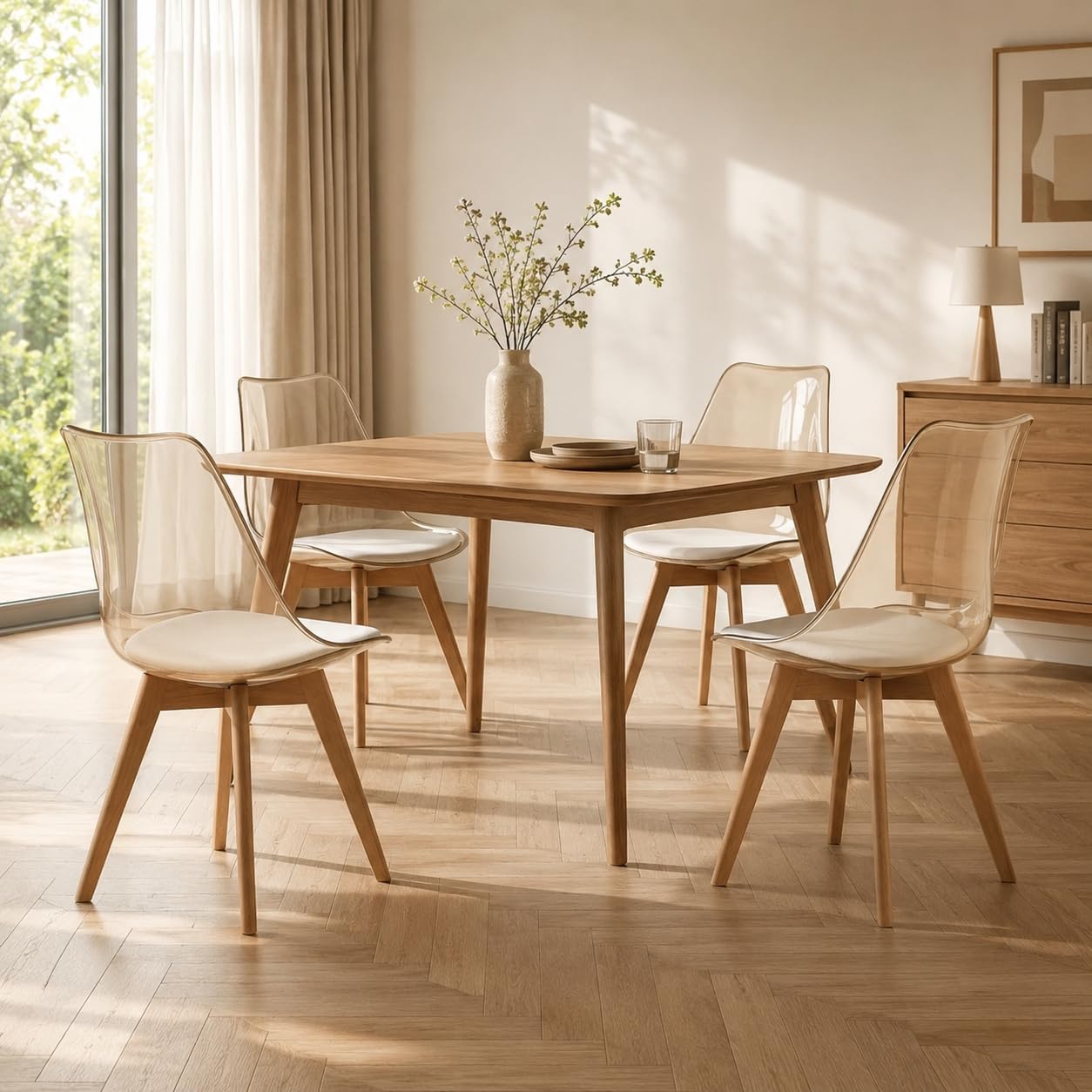 Lot de 4 Chaises de Salle à Manger Scandinaves en Bois de Hêtre Testées SGS, 4 Ensembles de Chaises de Cuisine avec Coussins de Siège en Cuir Blanc et Dossier Transparent Marron 4 chaises Transparent Marron - Cuir Pu Blanc