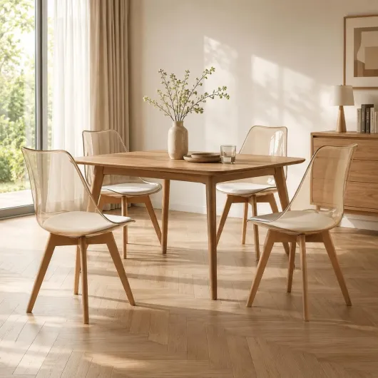 Lot de 4 Chaises de Salle à Manger Scandinaves en Bois de Hêtre Testées SGS, 4 Ensembles de Chaises de Cuisine avec Coussins de Siège en Cuir Blanc et Dossier Transparent Marron 4 chaises Transparent Marron - Cuir Pu Blanc