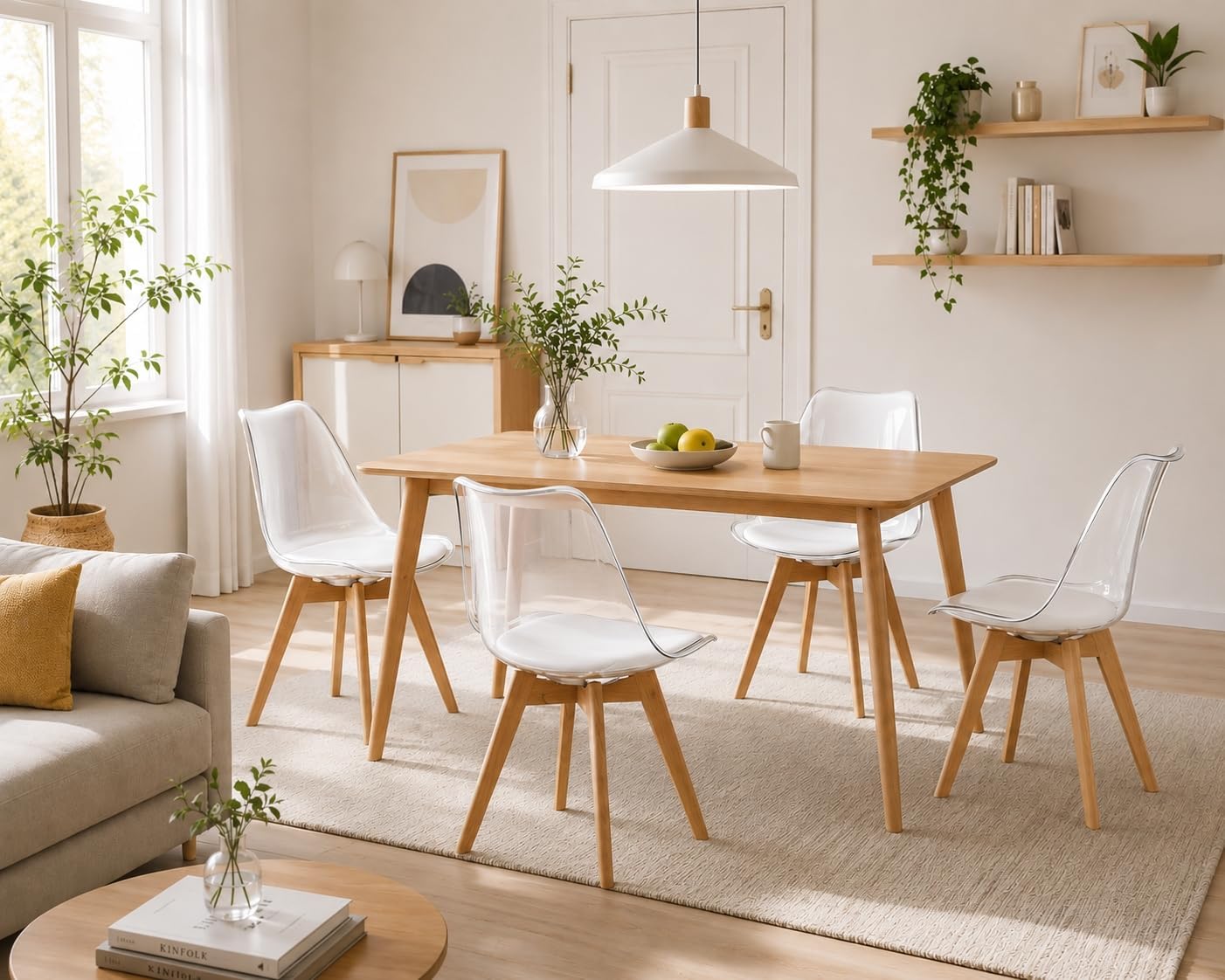 Lot de 4 Chaises de Salle à Manger Scandinaves en Bois de Hêtre Testées SGS, 4 Ensembles de Chaises de Cuisine avec Coussins de Siège en Cuir Blanc et Dossier Transparent 4 chaises Transparent - Cuir Pu Blanc
