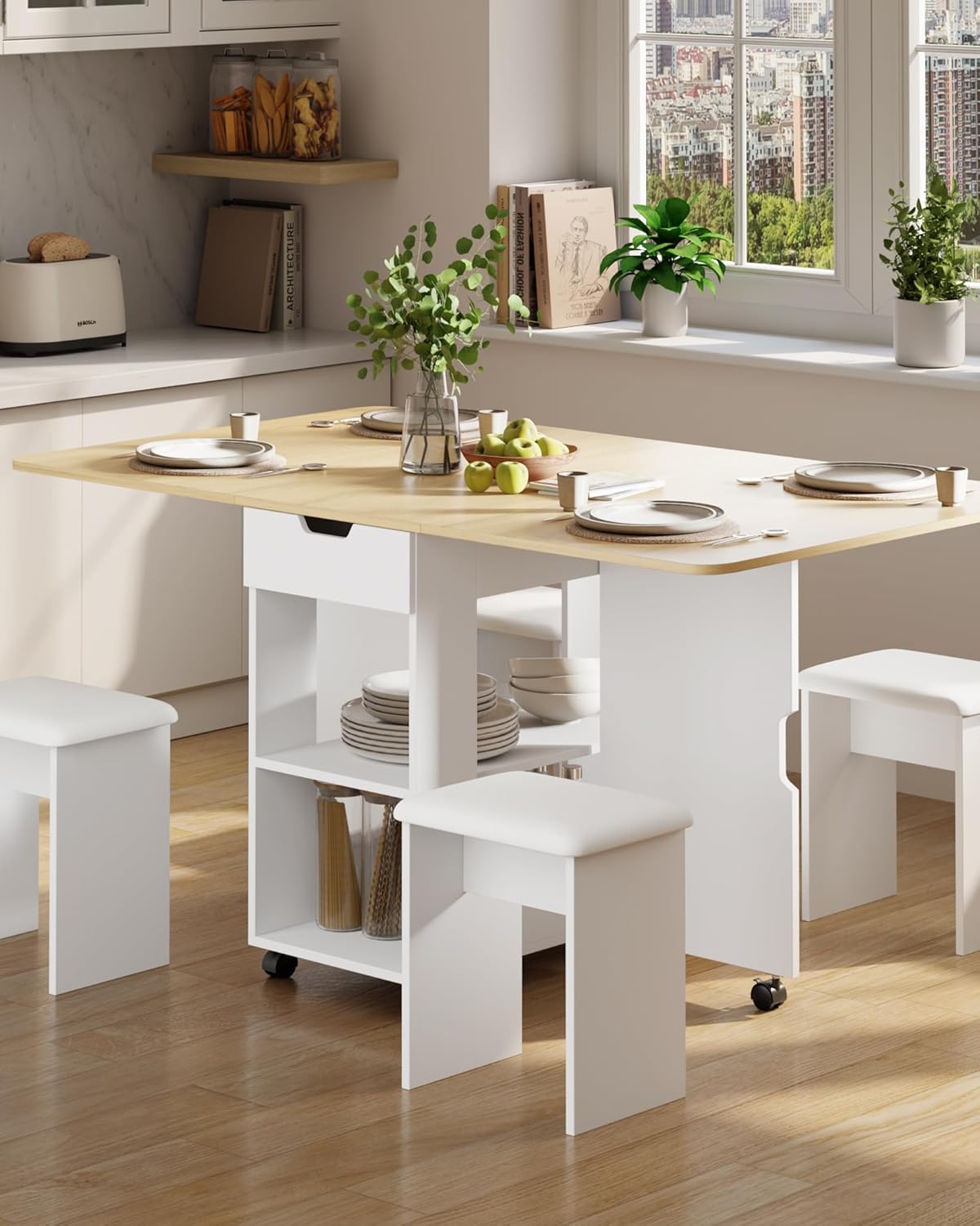 Ensemble Table à Manger avec 4 Chaises, Ensemble Table à Manger Pliable avec 2 Tiroirs et 2 Etagères de Rangement, pour Petits Espaces, 140 x 75 x 80 cm (Bois Naturel)