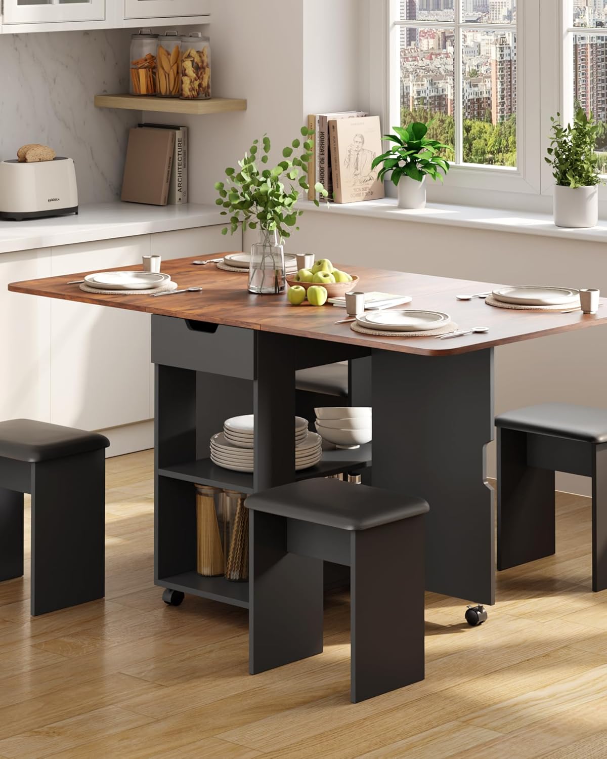 Ensemble Table à Manger avec 4 Chaises, Ensemble Table à Manger Pliable avec 2 Tiroirs et 2 Etagères de Rangement, pour Petits Espaces, 140 x 75 x 80 cm (Marron Rustique et Noir)