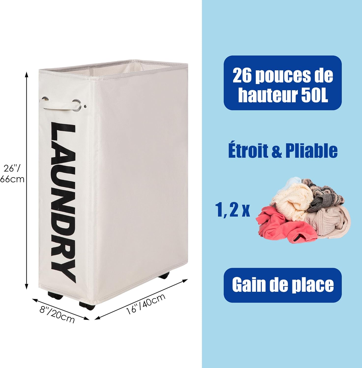 Panier à Linge 55L avec Roulettes, Pliable et Étroit, Grande Capacité, Bac de Rangement sur Roues pour Petit Espace，Beige Slim 26" (55L) Beige/Slim