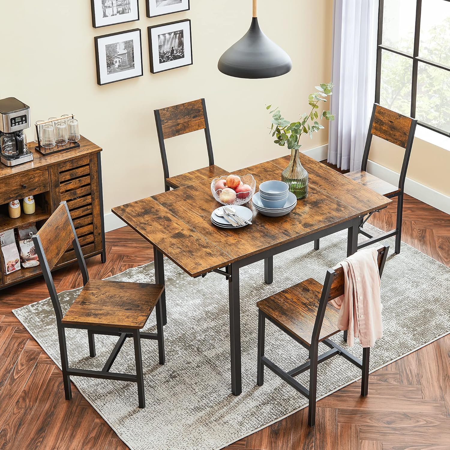 Table de Salle à Manger Pliable, Table de Cuisine Extensible, Bureau, pour 2 à 4 Personnes, Rectangulaire, avec Abattants, pour Petits Espaces, Marron Rustique et Noir d'encre KDT077B01 Brun