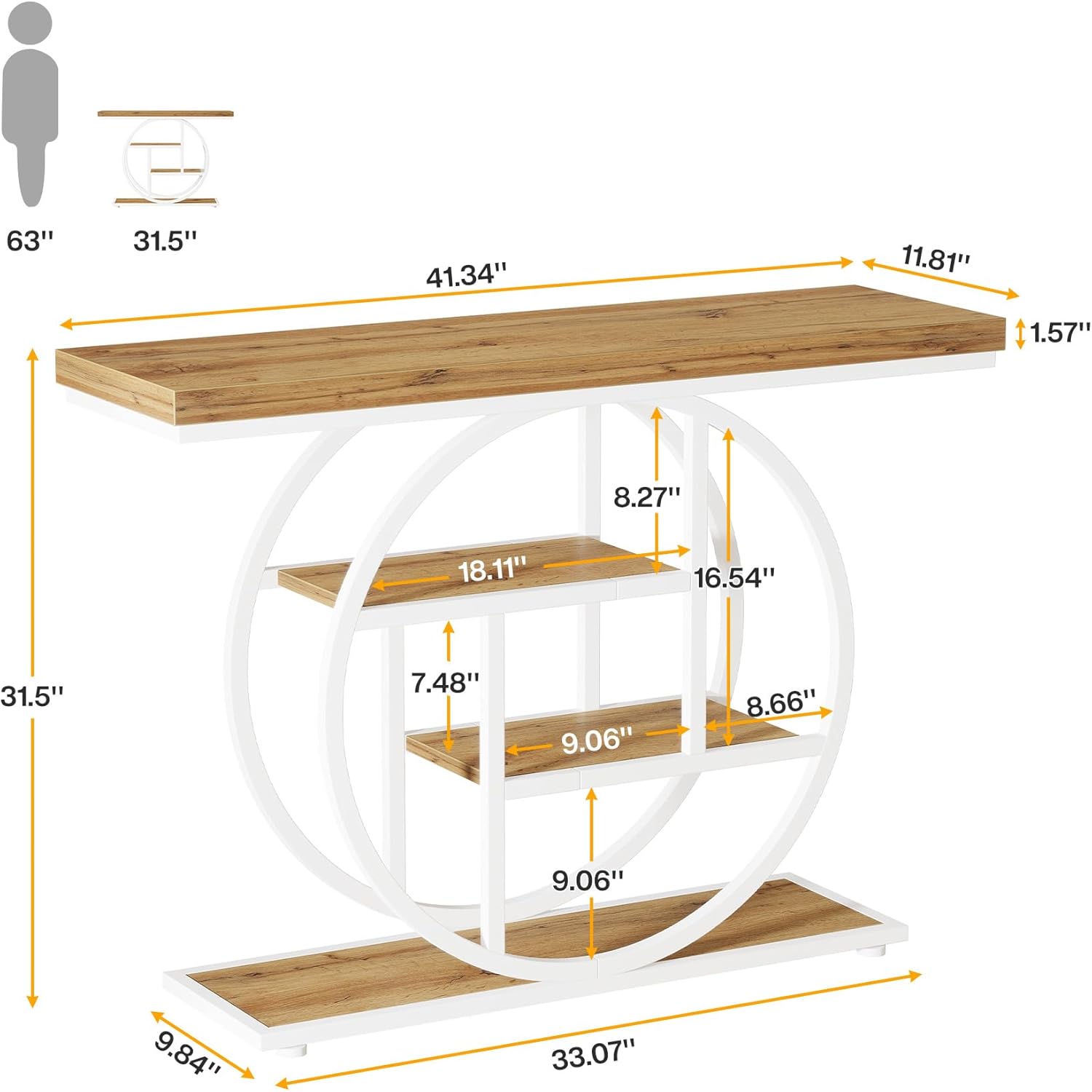 Table console industrielle à 4 niveaux avec base circulaire, tables d'appoint étroites en bois avec étagères de rangement pour salon, couloir, foyer, 104,9 cm, marron et blanc Marron/Blanc