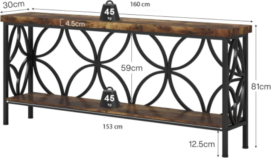 Table de canapé étroite de 160 cm - Table de canapé longue industrielle derrière le canapé - Console d'entrée avec rangement pour entrée, salon, foyer - Design unique - Marron Marron 160 x 80 cm