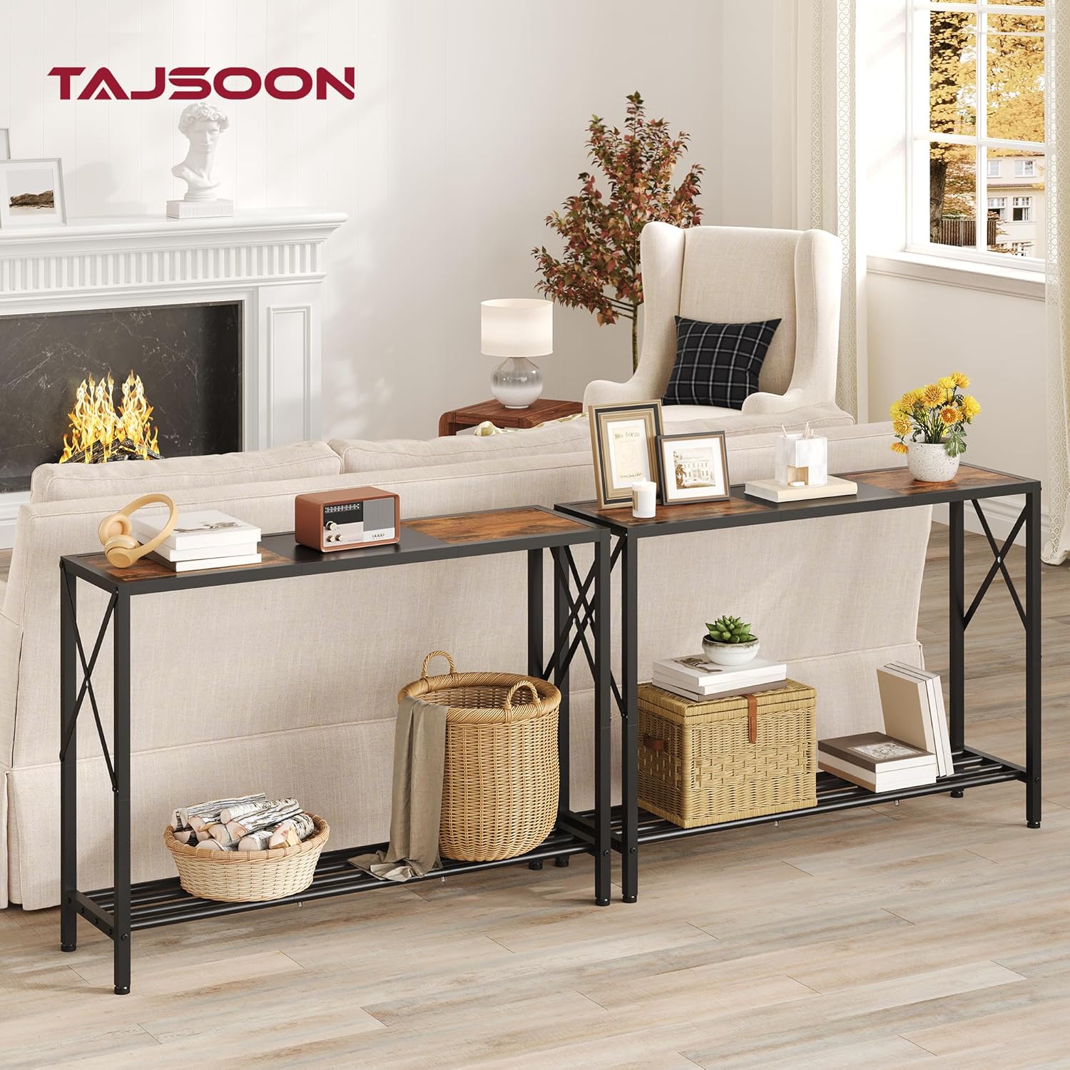 Table Console, Table de canapé d'entrée avec étagère Vintage Rustique pour Salon, Chambre à Coucher, Brun Rustique et Noir Brun et Noir