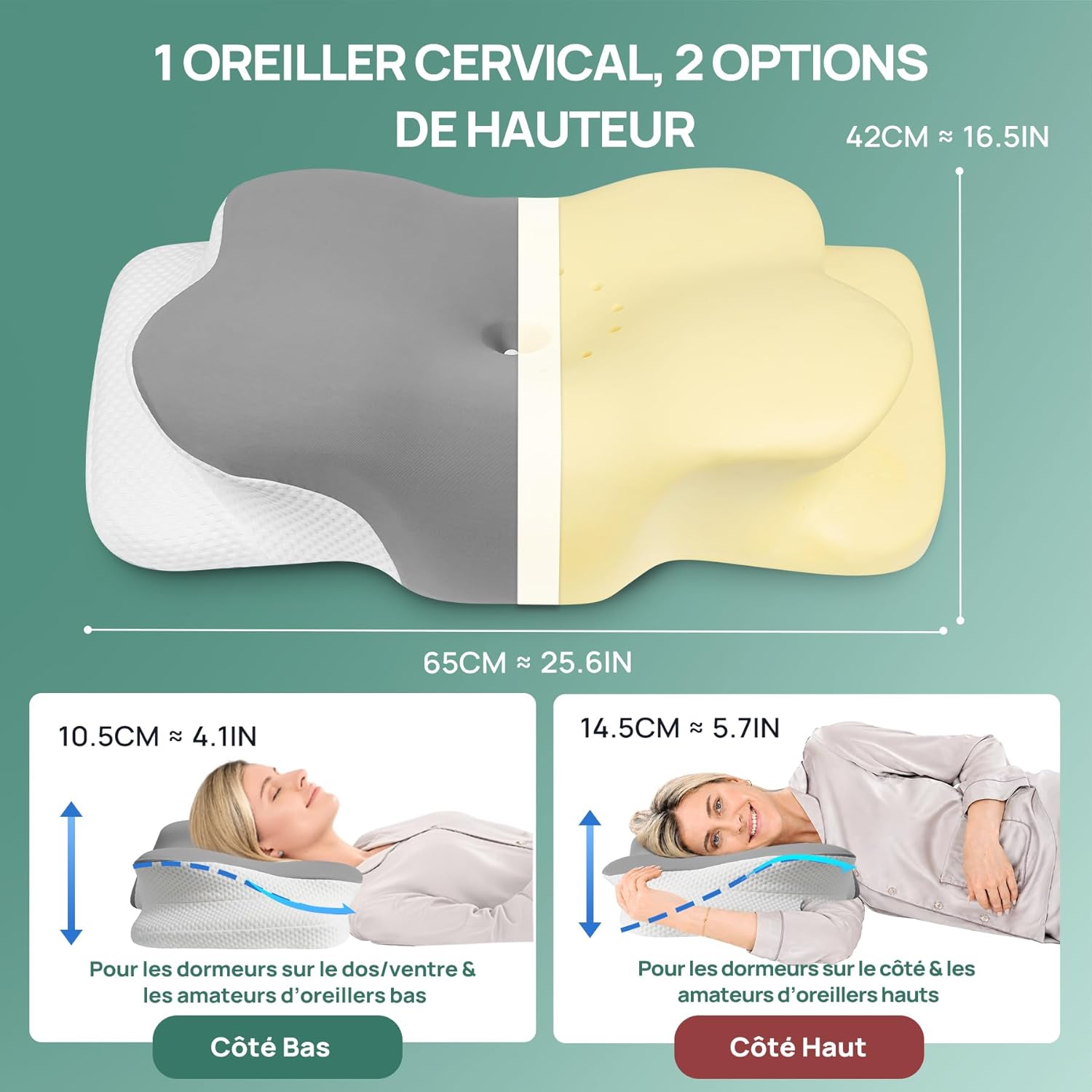 MULISOFT Oreiller Ergonomique Cervical, 2 en 1 Oreiller à Mémoire de Forme pour la Nuque, Coussin Cervical pour Dormeurs sur Le Côté, sur Le Dos et sur Le Ventre, 65×42×11.5/14.5 cm, P-104 Gris P-104 Oreiller Gris P-104 Oreiller Gris M