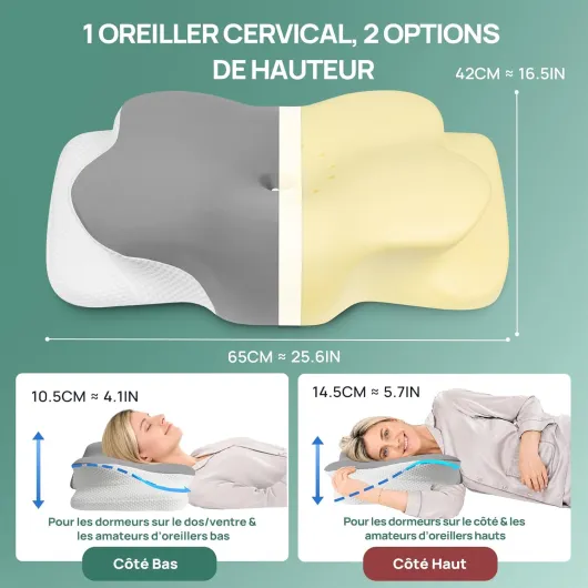 MULISOFT Oreiller Ergonomique Cervical, 2 en 1 Oreiller à Mémoire de Forme pour la Nuque, Coussin Cervical pour Dormeurs sur Le Côté, sur Le Dos et sur Le Ventre, 65×42×11.5/14.5 cm, P-104 Gris P-104 Oreiller Gris P-104 Oreiller Gris M