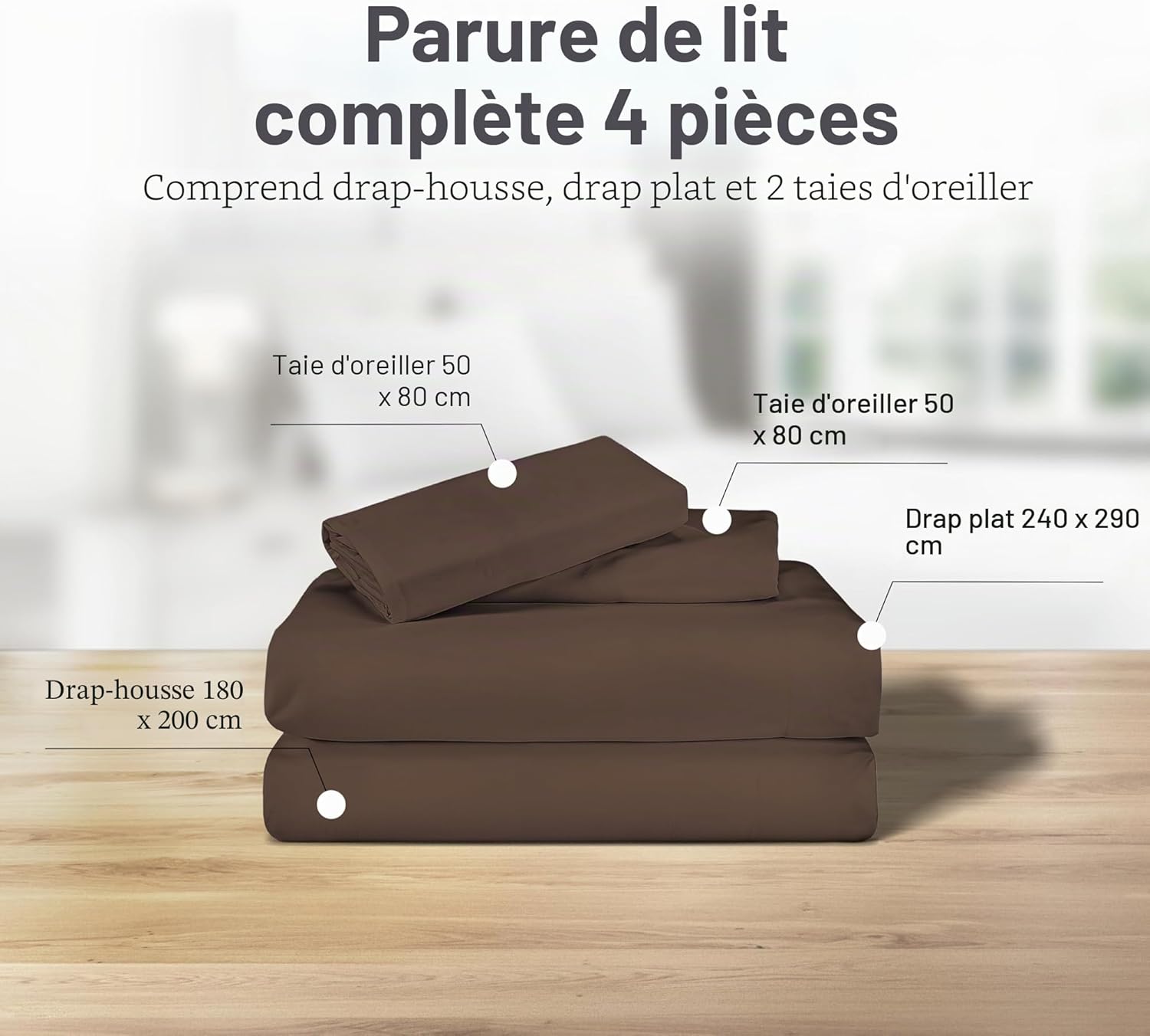 Parure de Lit 180x200 en Coton, Ensemble Drap 180x200 Complet Made in Italy, Bed Sheets 2 Personnes Boue 180x200