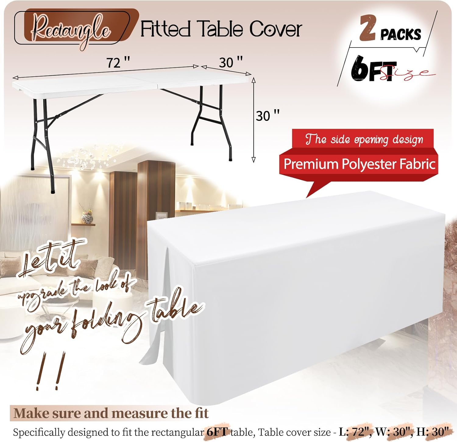 Lot de 2 Nappes de Table Blanc, Nappe Rectangulaire Ajustée pour Tables Pliantes, Housse de Table en Tissu Lavable pour Salon d'artisanat, Exposition, Fêtes, Mariages, Evénements (180 x 75 x 73 cm) Blanc Lot de 2 - 180cm