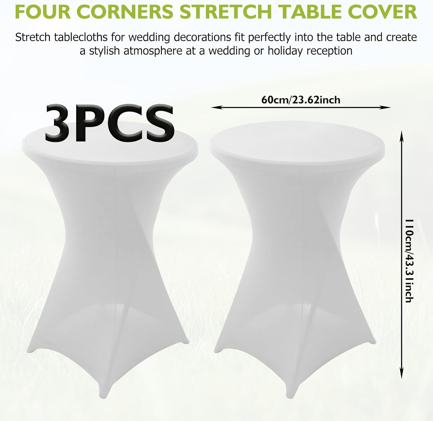 Lot de 3 nappes extensibles pour table haute : 60 x 110 cm, blanches, pour décoration de mariage, comptoir de bar, nappe extensible avec poches pour pieds, pour table de bistro de mariage