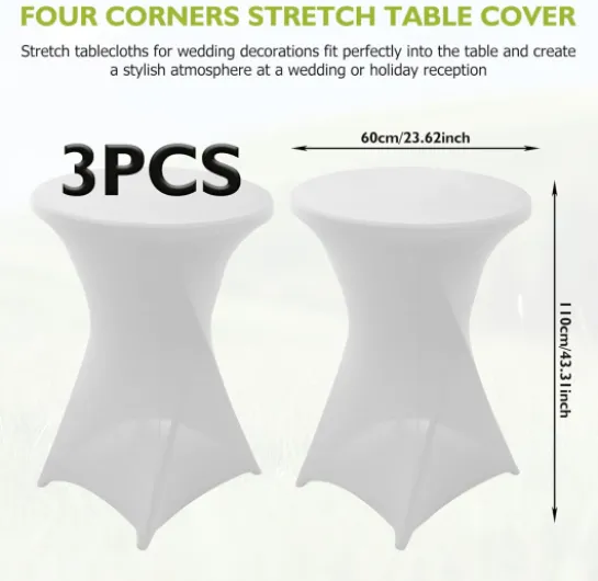 Lot de 3 nappes extensibles pour table haute : 60 x 110 cm, blanches, pour décoration de mariage, comptoir de bar, nappe extensible avec poches pour pieds, pour table de bistro de mariage