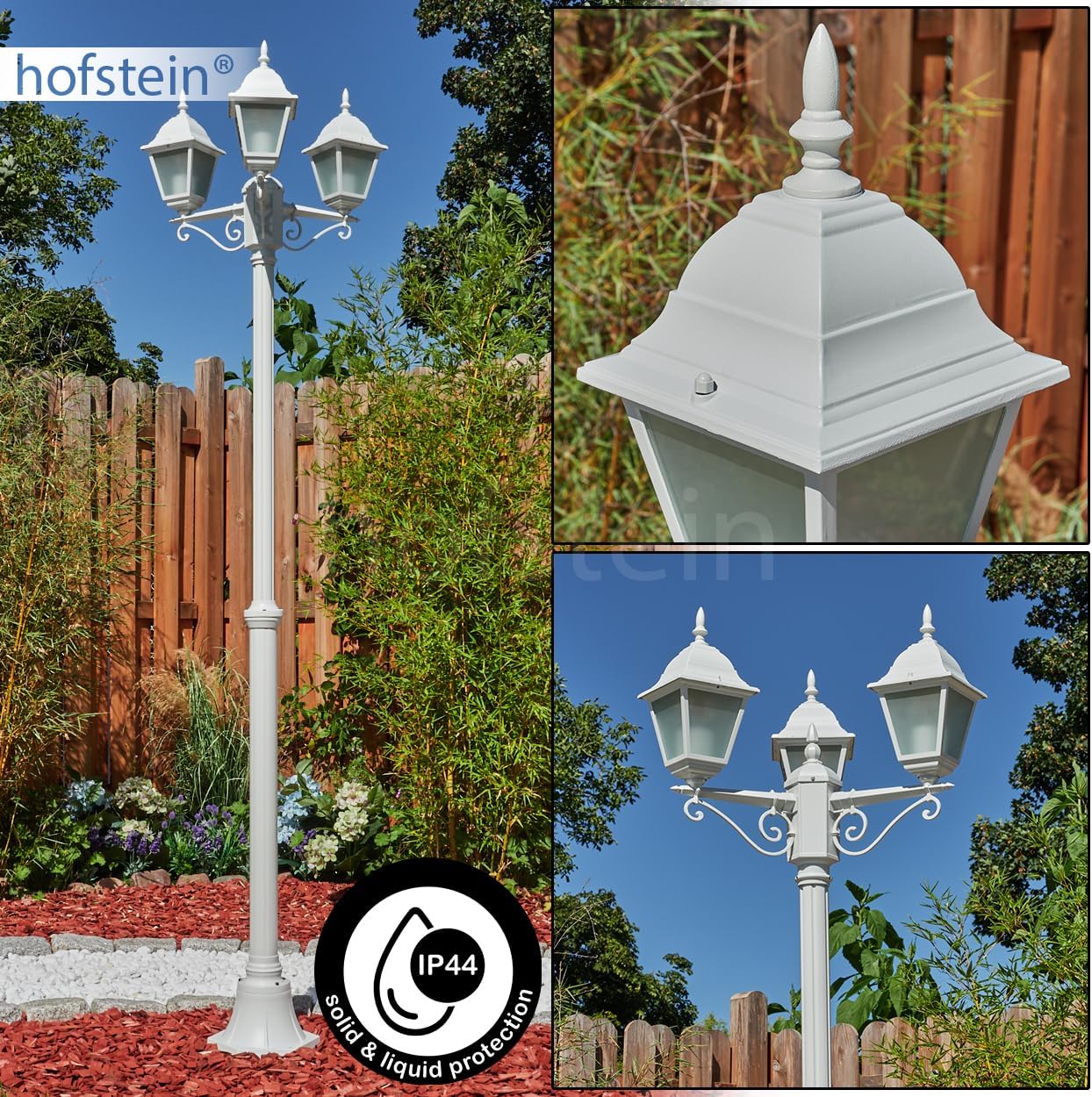 Naofe Lampadaire d'extérieur moderne en métal/verre blanc/verre dépoli, candélabre 3 ampoules au look vintage/rétro, hauteur max - 220 cm, éclairage de jardin IP44, 3 ampoules E27, sans ampoule