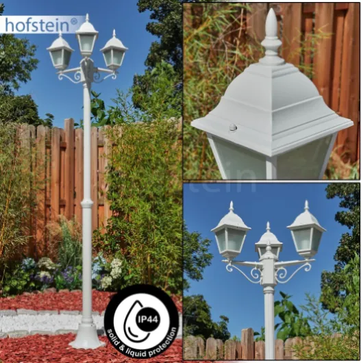 Naofe Lampadaire d'extérieur moderne en métal/verre blanc/verre dépoli, candélabre 3 ampoules au look vintage/rétro, hauteur max - 220 cm, éclairage de jardin IP44, 3 ampoules E27, sans ampoule