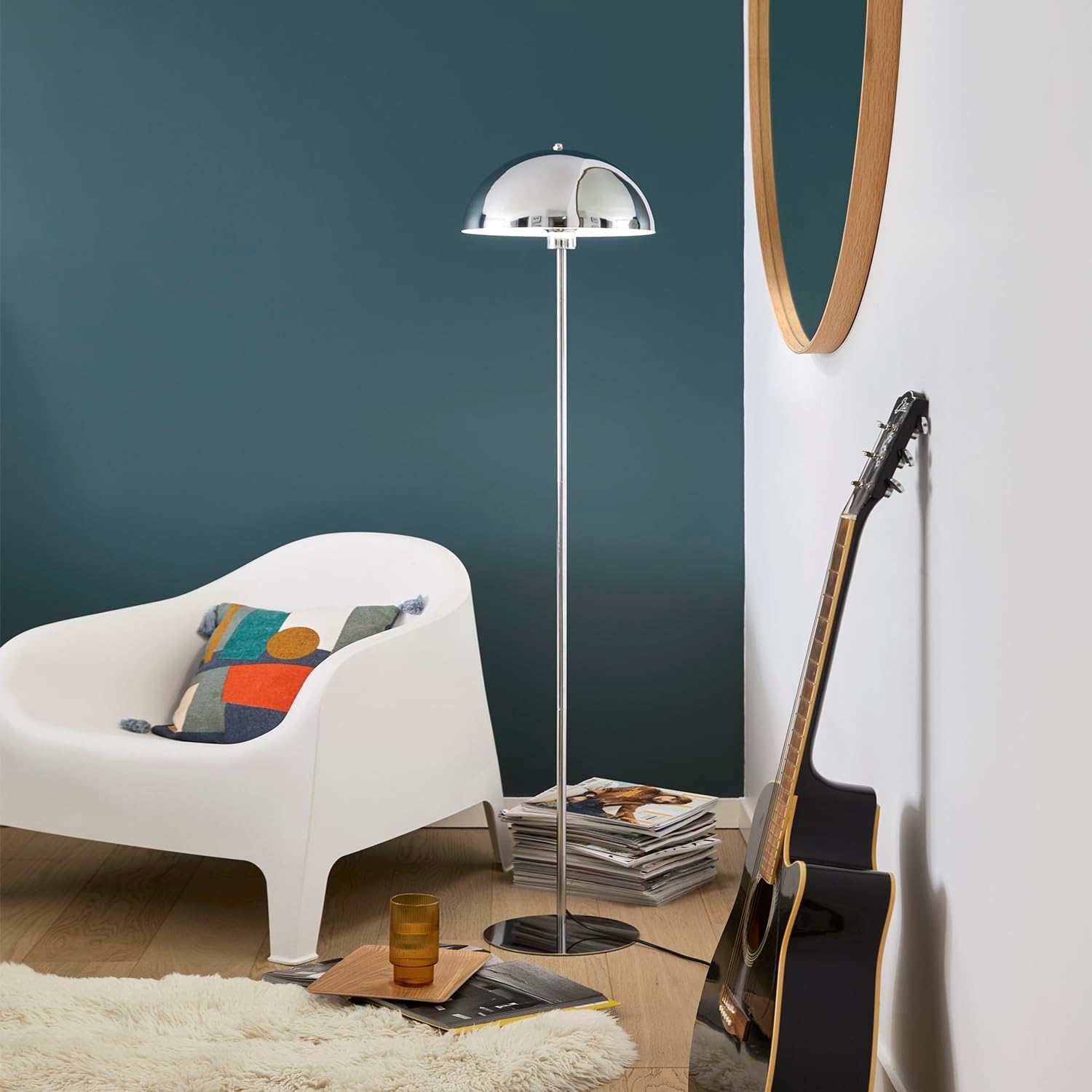 Lampadaire design rétro métal chrome silver ICONE H150cm, avec abat-jour champignon.