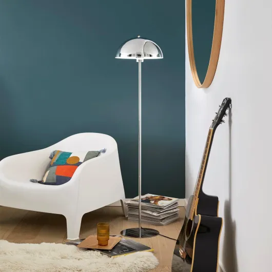 Lampadaire design rétro métal chrome silver ICONE H150cm, avec abat-jour champignon.
