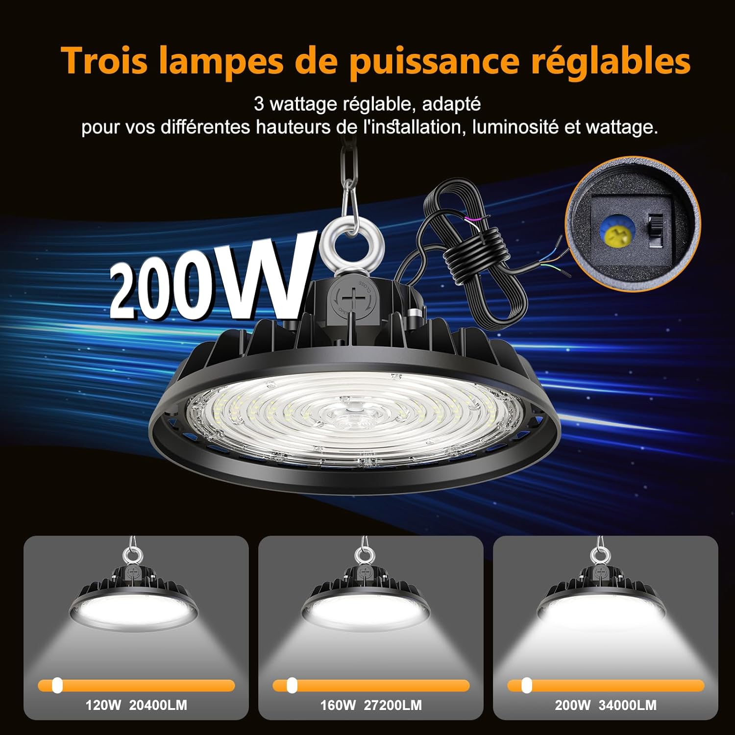 UFO 200W LED High Bay Projecteur Garage Light 34000LM Éclairage pour Atelier 6000K 120°Éclairage IP65 Lampe Industrielle Dimmable 120W/160W/200W Usines Entrepôts de Construction Garages Stades Noir-6000k-4pack 200W