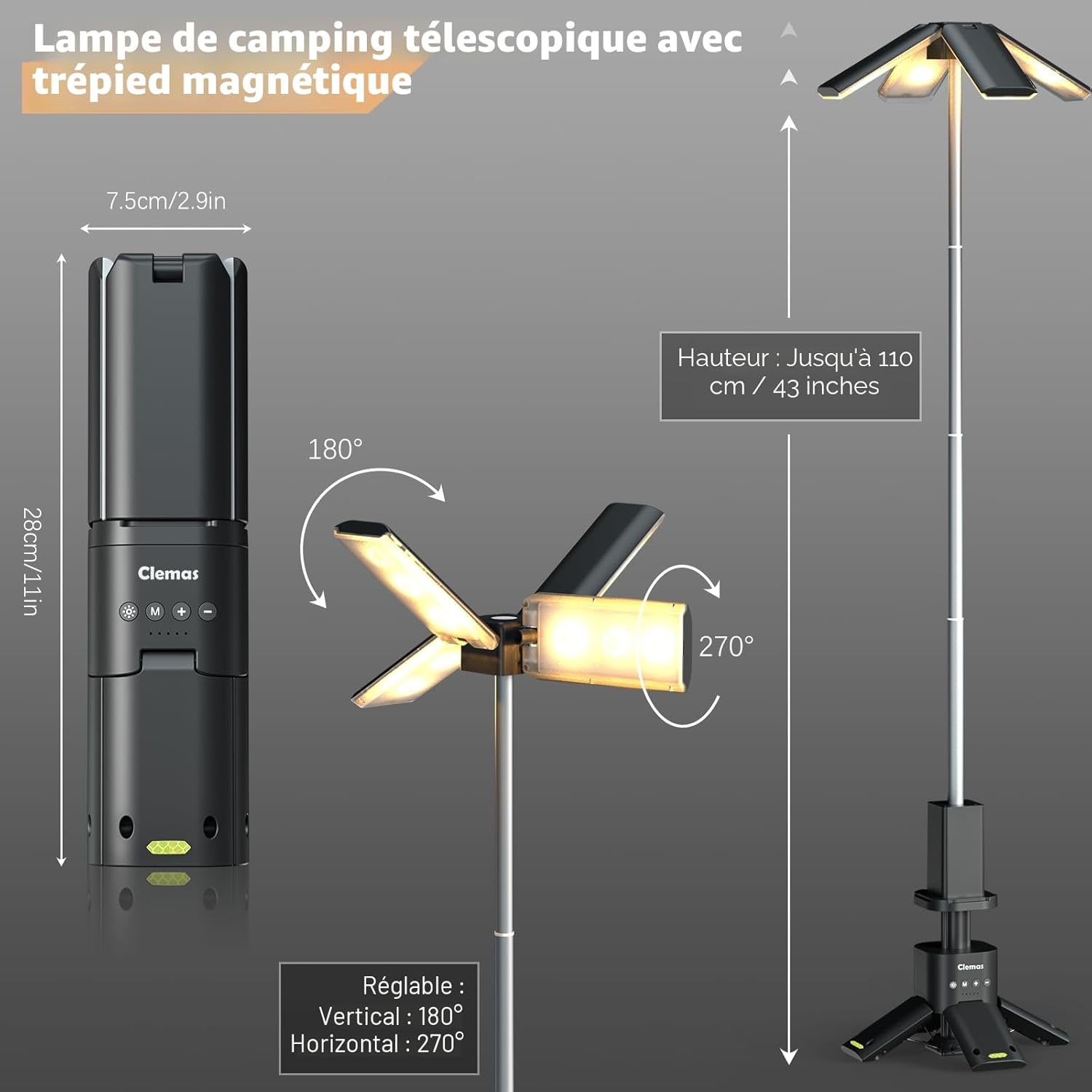 Clemas Lampe de camping télescopique rechargeable - 14 000 mAh - LED multifonction - Lanterne de camping magnétique - Éclairage de chantier - Sans fil - Intensité variable - Alimentation portable Gris