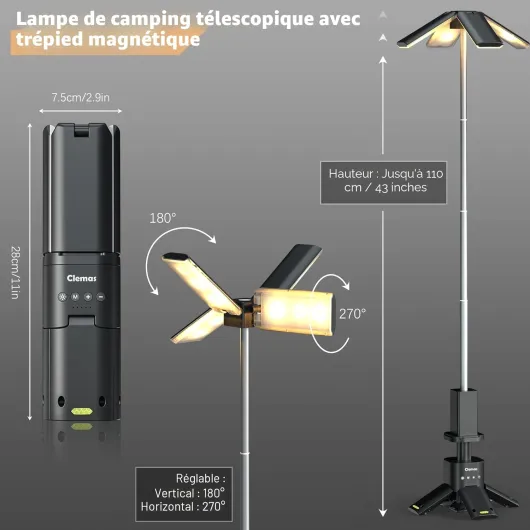 Clemas Lampe de camping télescopique rechargeable - 14 000 mAh - LED multifonction - Lanterne de camping magnétique - Éclairage de chantier - Sans fil - Intensité variable - Alimentation portable Gris