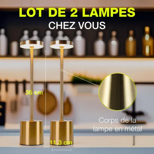 CATAVANA-Lot de 2 Lampes de table sans fil - Rechargeables LED pour Intérieur/Extérieur - Cable USB-C - Lampe Tactile avec Variateur - Design en Métal - Marque Française - Gold Gold Lot de 2