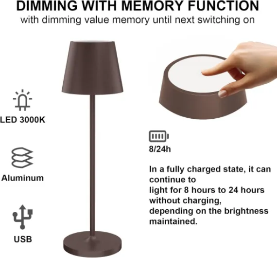 Lot de 2 LED Lampe de Table Dimmable, Rechargeable Lampes de Bureau avec Station de Chargement USB, Lumière Chaude 3000K, Couleur Rouille, IP54, Aluminium, pour Intérieur/Extérieu