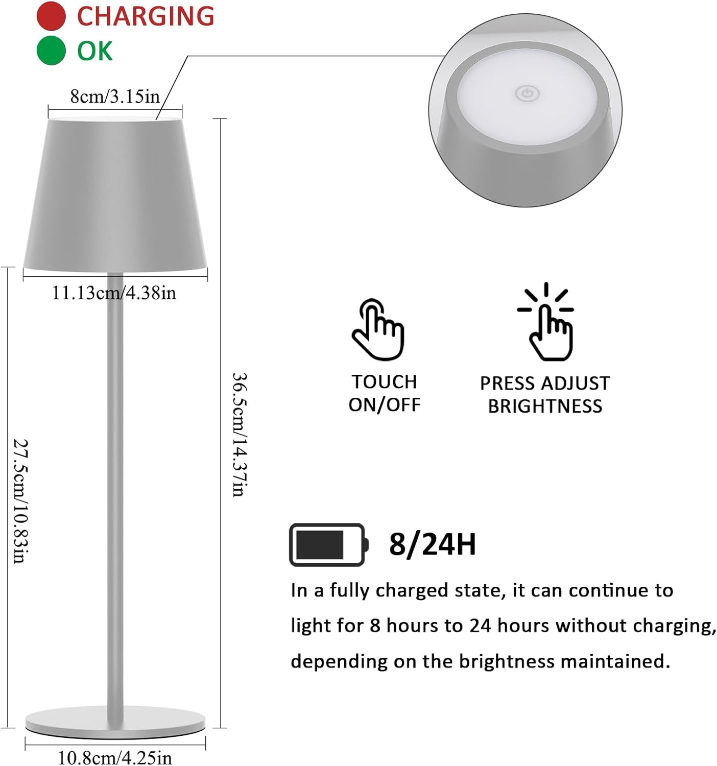 K-Bright lampe de Table à LED à Toucher Intensité Variable, Lampe de Table Sans Fil 3000K/4000K/6000K Rechargeable Étanchéité IP54 Sable Gris(2 pièces) 2 Pièces-cct-sable Gris