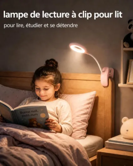Lampe de Lecture LED à Pince pour Enfant, Lampe de Bureau Rechargeable USB avec Col Flexible 360°, 3 Modes d'Éclairage, Lampe de Chevet pour Lire au Lit,Rose