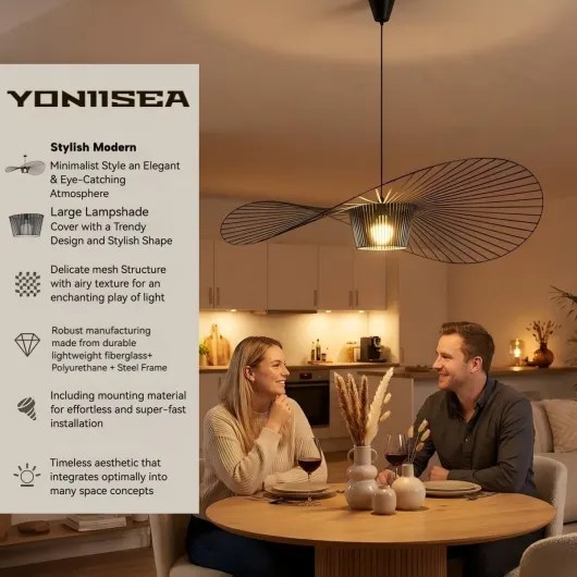 Lustre Vertigo Noir 80cm Suspension, Design Chapeau Léger, Plafonnier Moderne Fibre de Verre Tissu, Idéal Salon et Séjour Spacieux, Chambres d'Hôtes, Cuisine, Lofts