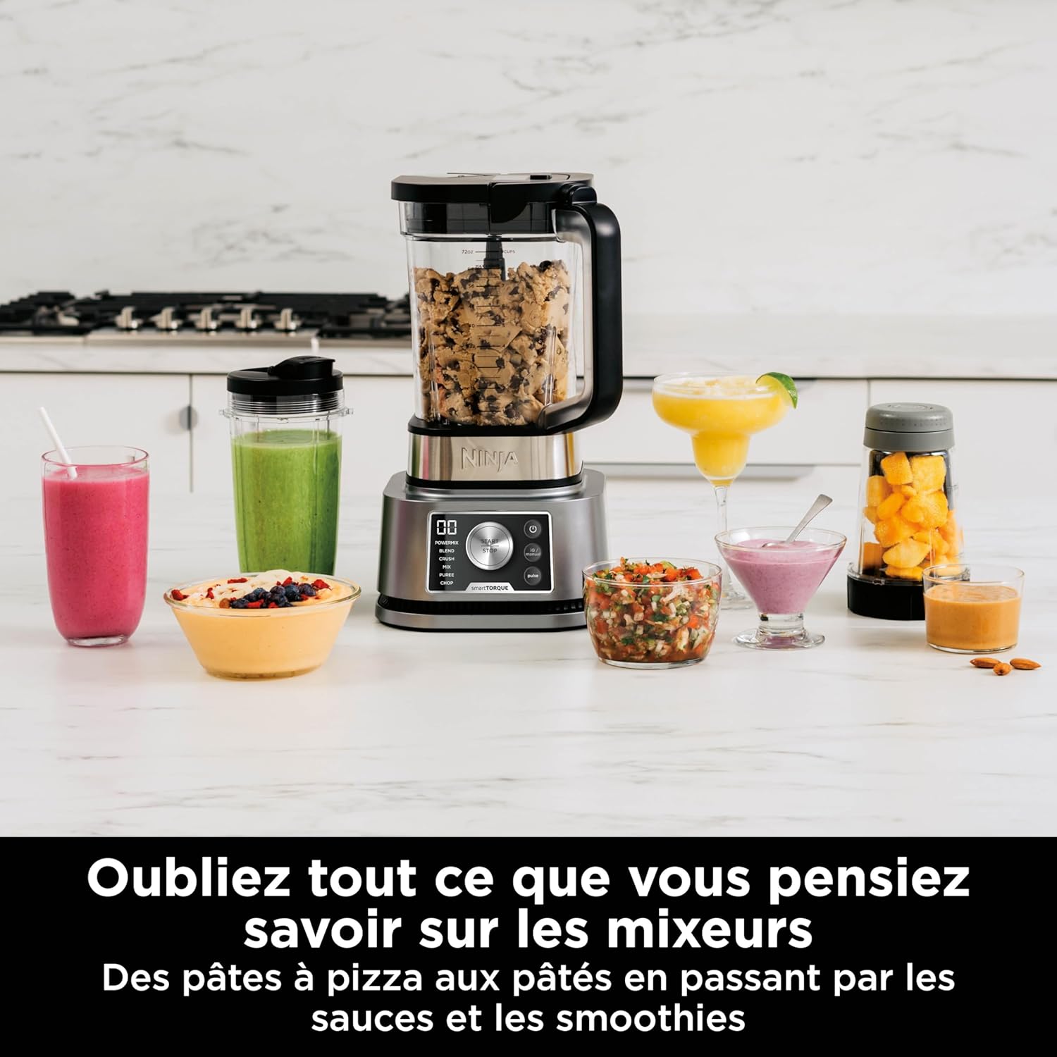 Foodi Power Nutri Blender 3-en-1, mélange les bols de smoothie, les pâtes à tartiner épaisses épaisses et les boissons glacées, programmes automatiques, 2.1L, 700ml & 400ml,1200W, Silver CB350EU 3 en 1