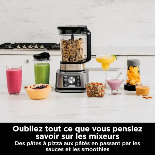 Foodi Power Nutri Blender 3-en-1, mélange les bols de smoothie, les pâtes à tartiner épaisses épaisses et les boissons glacées, programmes automatiques, 2.1L, 700ml & 400ml,1200W, Silver CB350EU 3 en 1