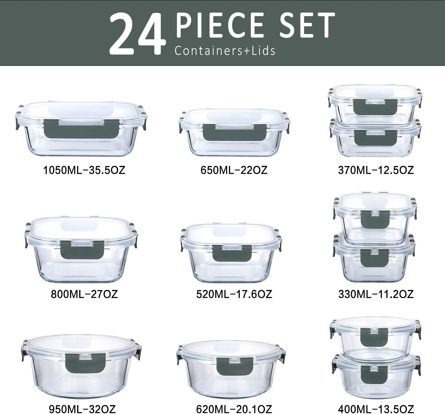 MCIRCO Lot de 12 boîtes de rangement en verre Gris