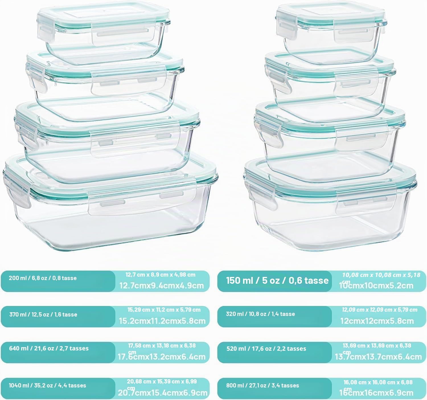 Vtopmart Lot de 16 Boite Alimentaire Verre（8 Récipient, 8 Couvercle）,Boite en Verre avec Couvercle Alimentaire, Boite Hermetique Alimentaire,Convient aux Micro-Ondes et Lave-Vaisselle，Sans BPA,Vert 8Pack Standard