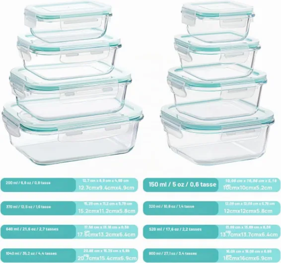 Vtopmart Lot de 16 Boite Alimentaire Verre（8 Récipient, 8 Couvercle）,Boite en Verre avec Couvercle Alimentaire, Boite Hermetique Alimentaire,Convient aux Micro-Ondes et Lave-Vaisselle，Sans BPA,Vert 8Pack Standard