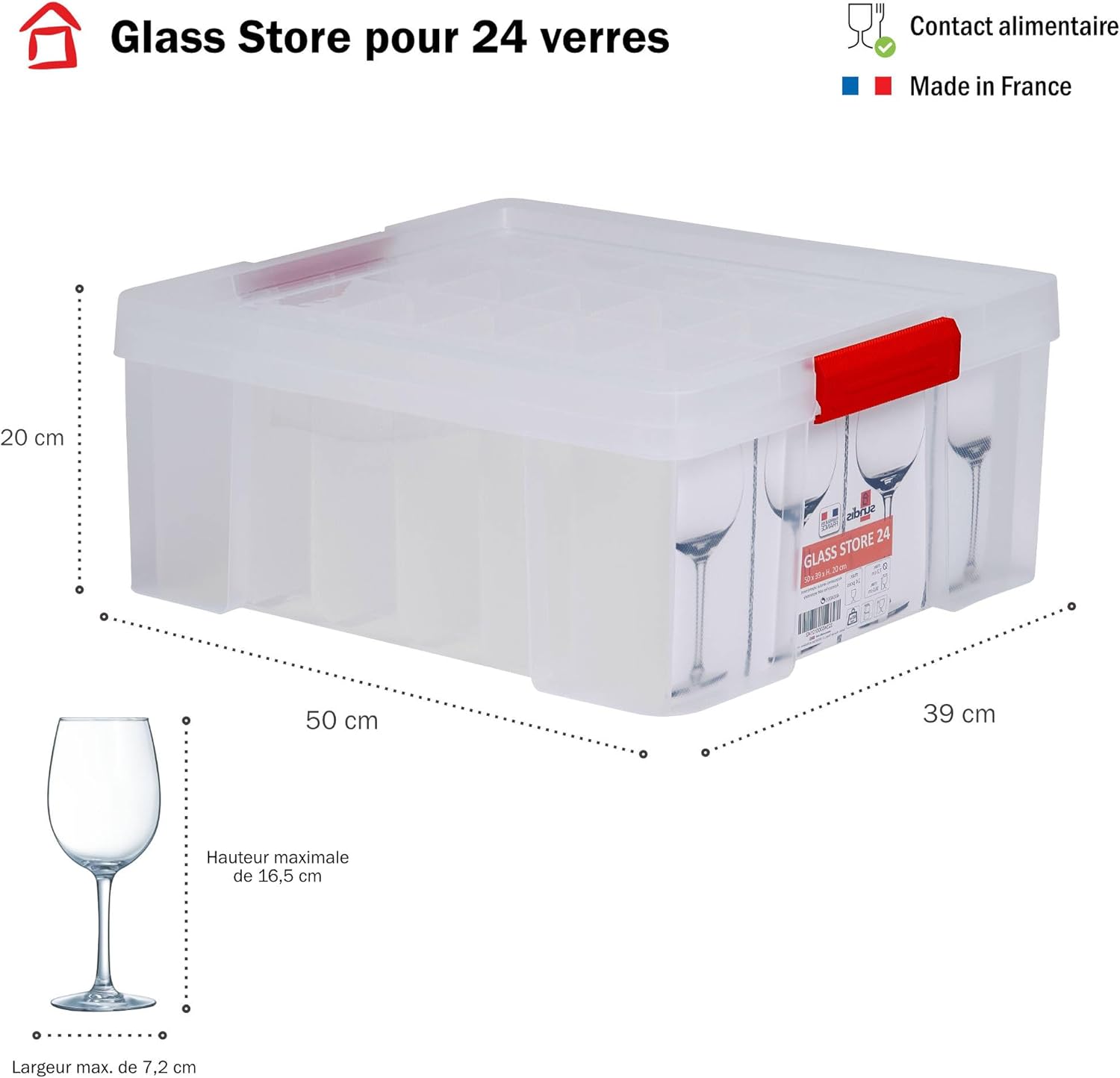 Glass Store, lot de 3 boîtes de rangement pour verres, en plastique transparent, renforcées avec couvercle clipsable, superposables et combinables, capacité 24 verres Verres à pied Lot