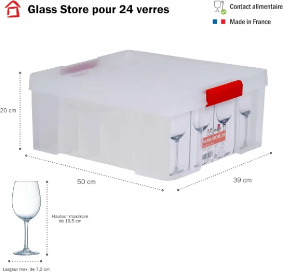 Glass Store, lot de 3 boîtes de rangement pour verres, en plastique transparent, renforcées avec couvercle clipsable, superposables et combinables, capacité 24 verres Verres à pied Lot