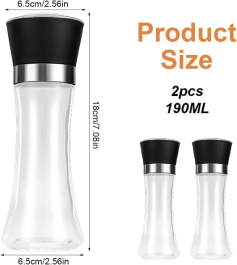 2 Pièces 190 ML Moulin Poivre et Sel, épaisseur Réglable Moulin Epices, Verre Transparent et Acier Inoxydable à Poivre Manuel, Convient pour épices, Sel et Chili