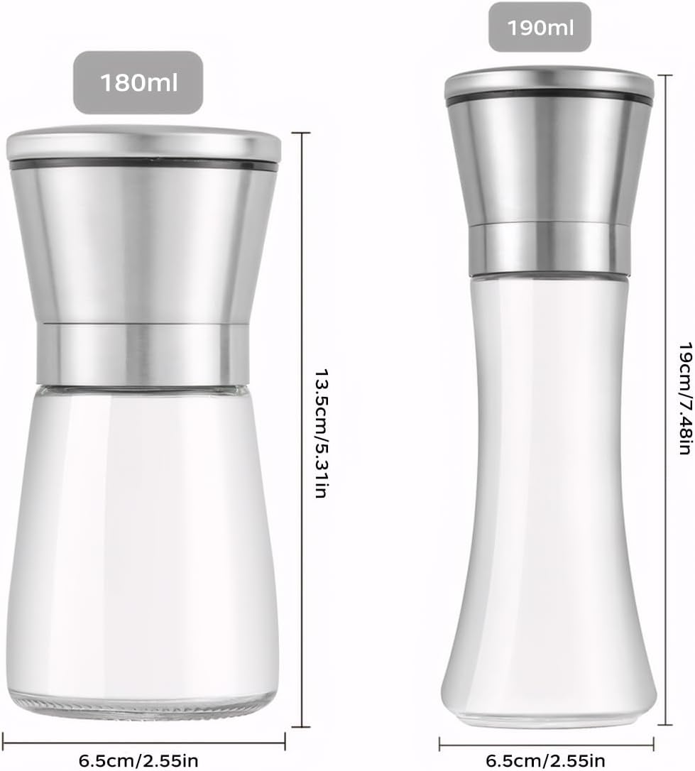 Lot de 2 moulins à sel et à poivre en verre de qualité supérieure et acier inoxydable avec noyau de broyage manuel réglable en céramique pour poivre, sel, épices, sans épices, 180 ml 180ml