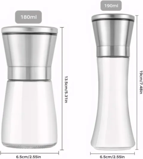 Lot de 2 moulins à sel et à poivre en verre de qualité supérieure et acier inoxydable avec noyau de broyage manuel réglable en céramique pour poivre, sel, épices, sans épices, 180 ml 180ml